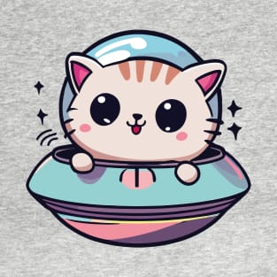 Cute Kawaii Cat in UFO T-Shirt